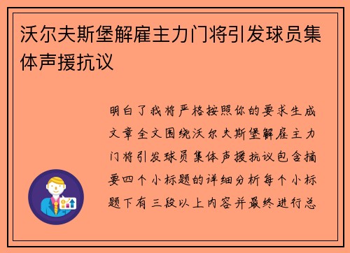 沃尔夫斯堡解雇主力门将引发球员集体声援抗议